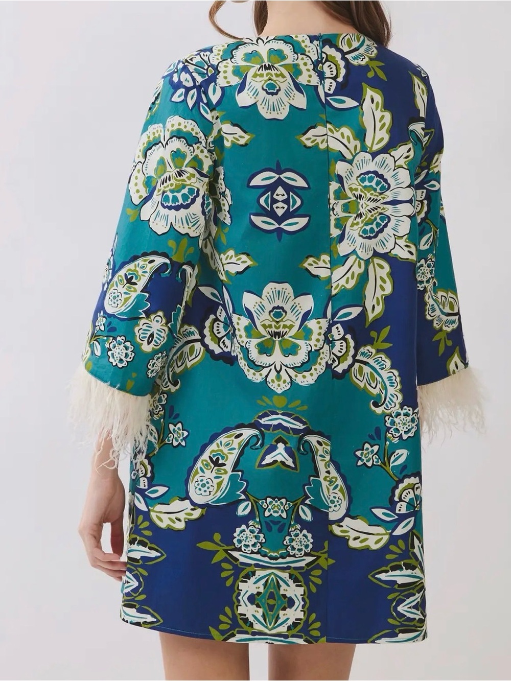LOVE! Feather Trim Cuffed Jewel Tone Paisley Shift Dress Sz S M L Tuckernuck - Picture 4 of 8